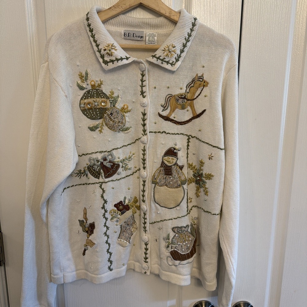 Vintage BP Design Women's Large Cardigan Sweater Christmas Holiday Embroidered